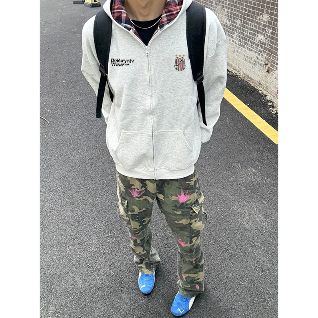 美式高街盾徽字母印花拼接格子外套男秋冬潮牌百搭情侣款连帽卫衣