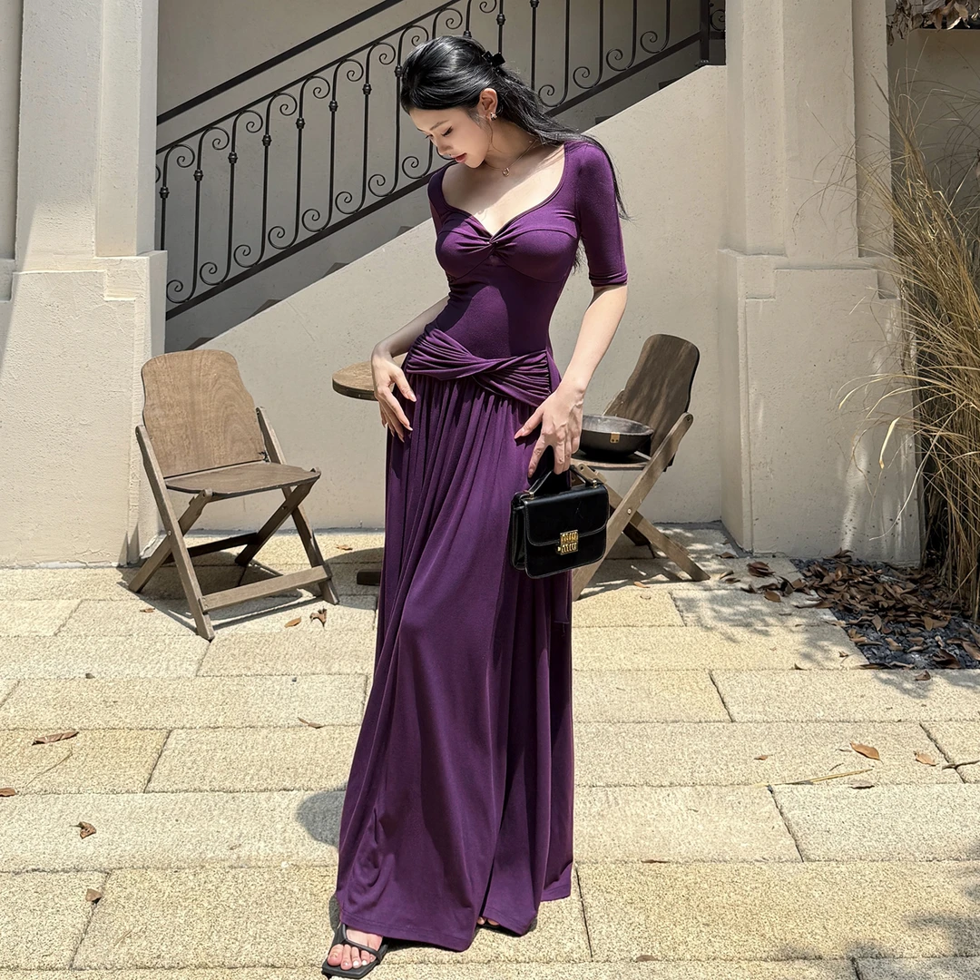 法式气质高贵感简约通勤遮肉长裙早秋新款扭结2025爆款中袖连衣裙