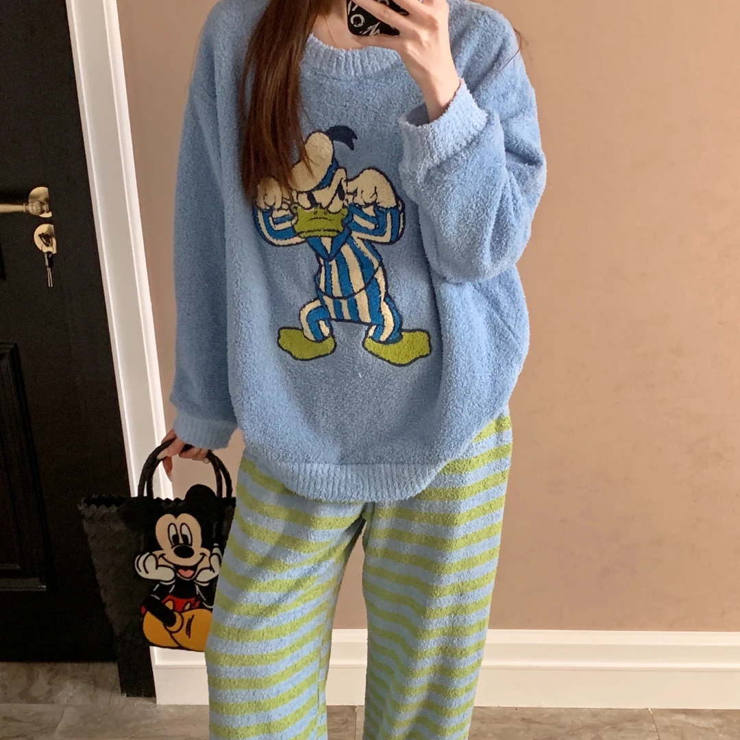 冬季软绵绵睡衣女款加绒加厚半边绒蓝色唐老鸭韩系学生家居服套装