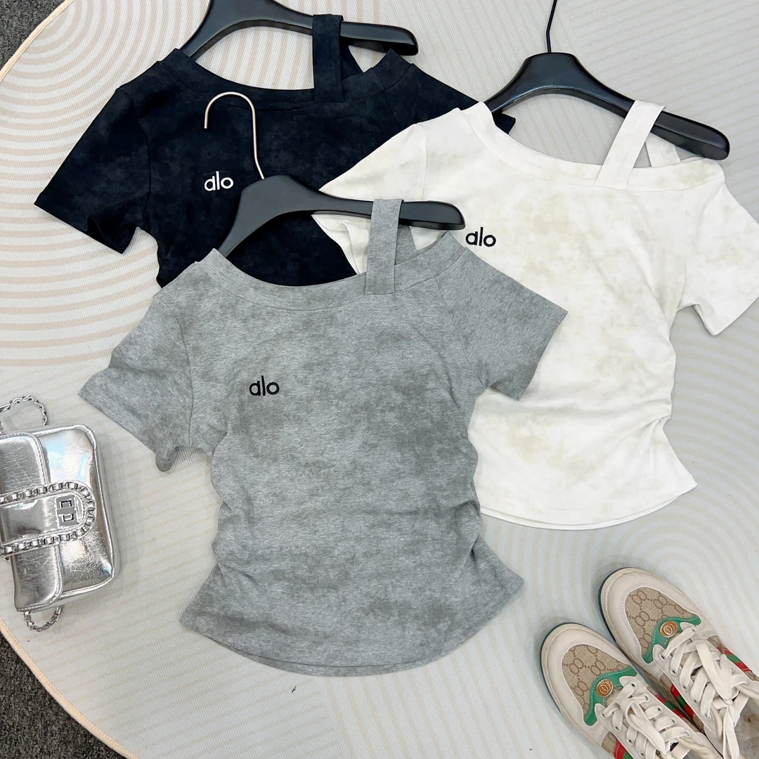 夏季新款扎染露肩一字肩小众气质不规则上衣修身显瘦短袖T恤女