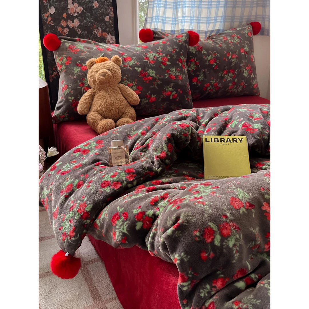 复古ins小花牛奶绒保暖四件套可爱毛球双面珊瑚绒被套法兰绒床单