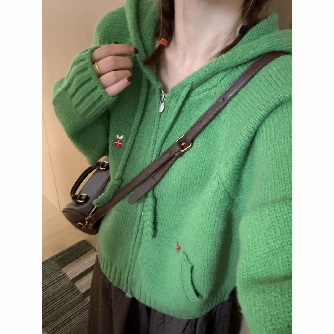 小树可爱风连帽针织开衫女2025冬新款可外穿拉链毛衣外套加厚上衣