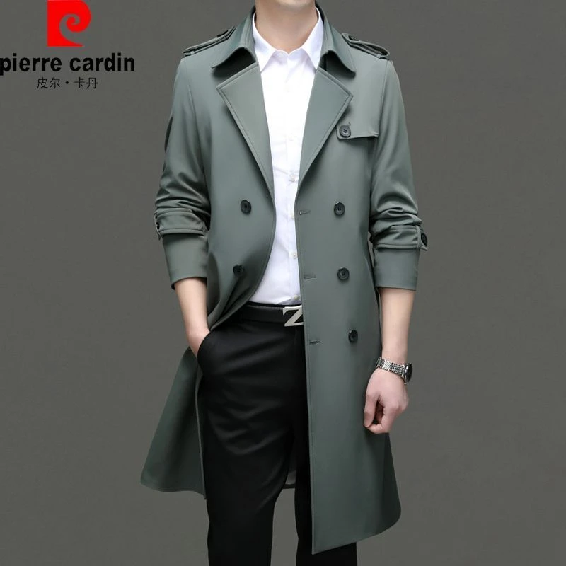 皮尔卡丹男士长款风衣春秋新款简约西装领双排扣过膝商务休闲大衣