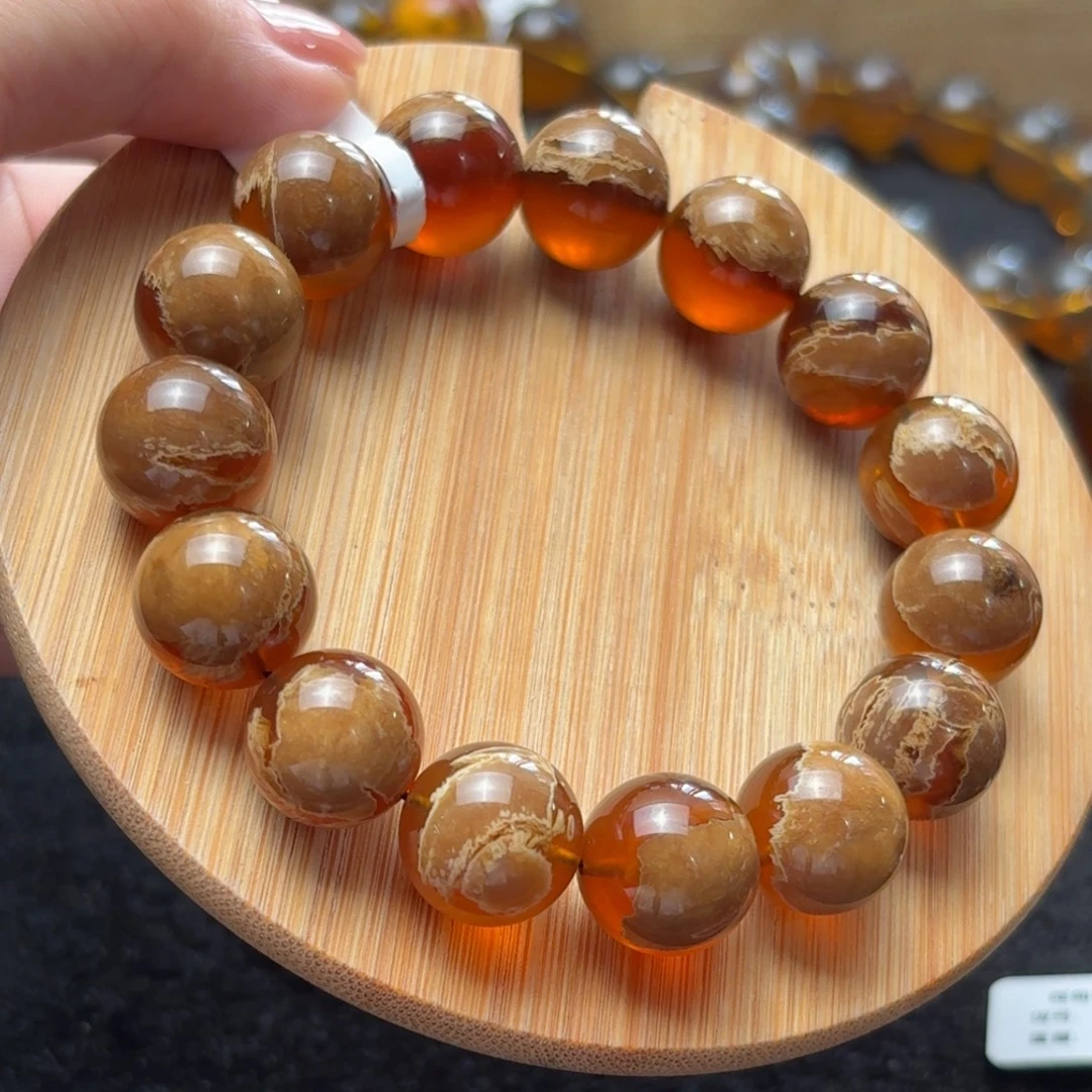 琥珀未镶嵌珠宝奇石14mm奶咖妖花清透橘溶洞