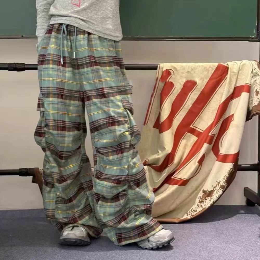 乐乐家儿童通勤格子工装裤休闲皱褶舒适时尚复古抽绳长裤卫裤