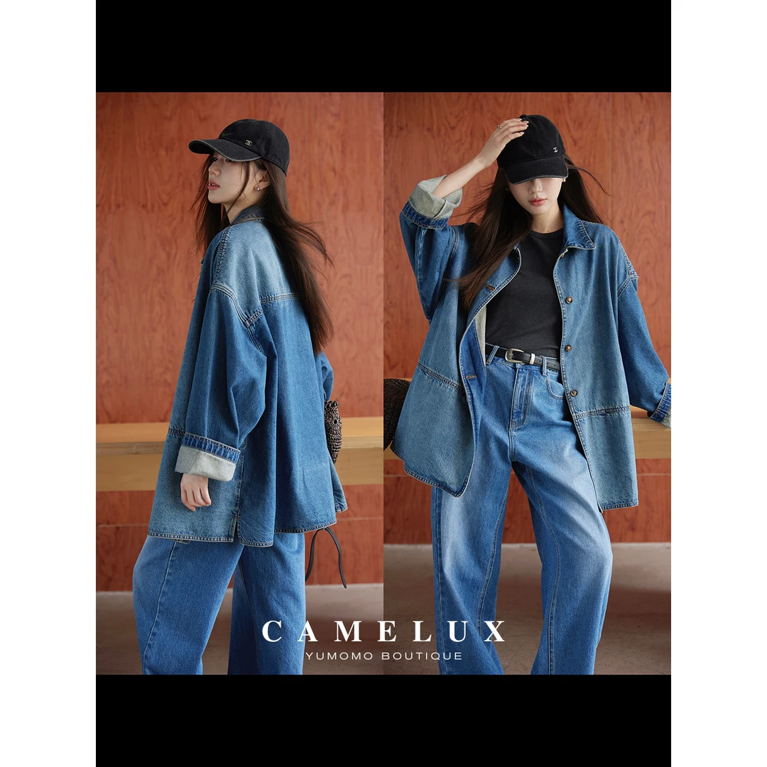 力荐 Row风牛仔衣新款套装复古水洗宽松休闲慵懒分割外套QWA3016