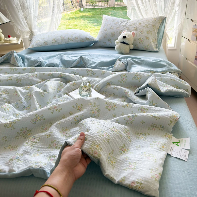 小清新水洗双层纱夏凉被四件套床上用品非全棉纯棉空调被床单被套