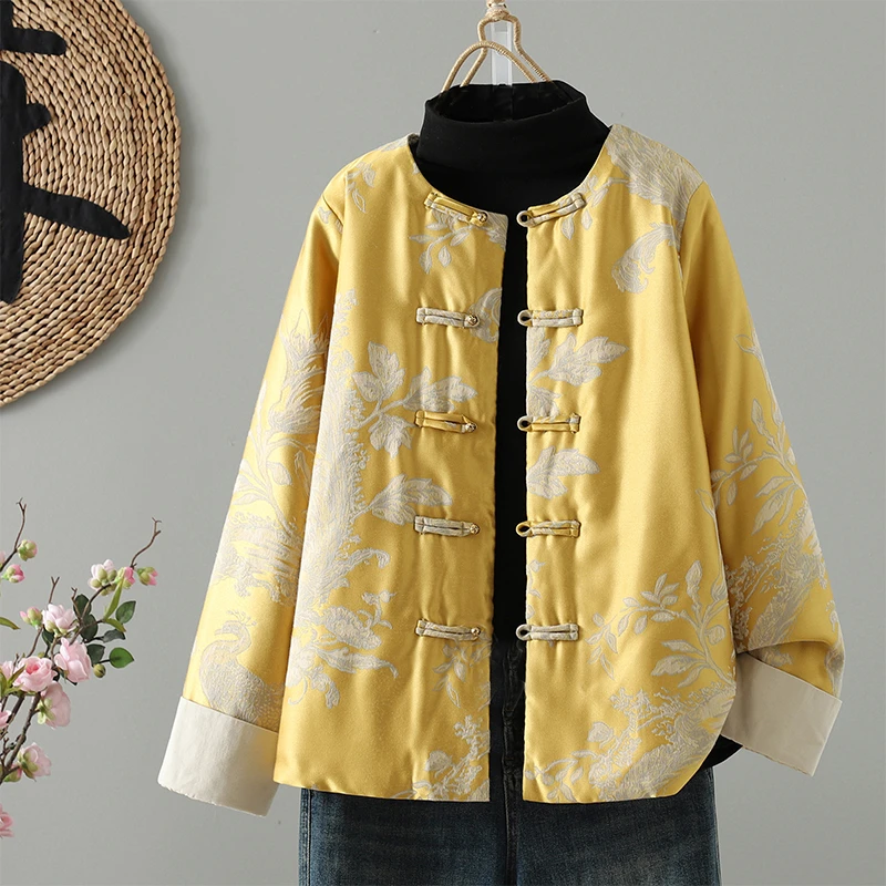 孔雀花2025新款重工缎面提花时尚洋气大气手工盘扣棉花棉袄大码