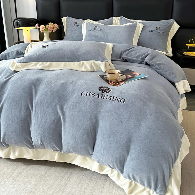 水星高端适用家纺轻奢冬季加厚保暖牛奶绒四件套刺绣被套加绒双面