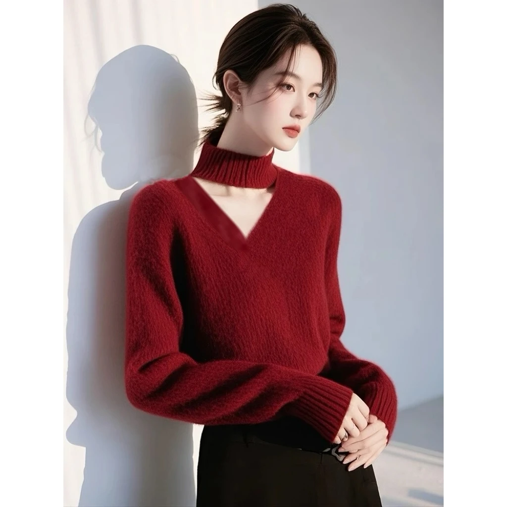 红色v领露锁骨女2025本命蛇年超好看内搭针织衫独特绝美上衣