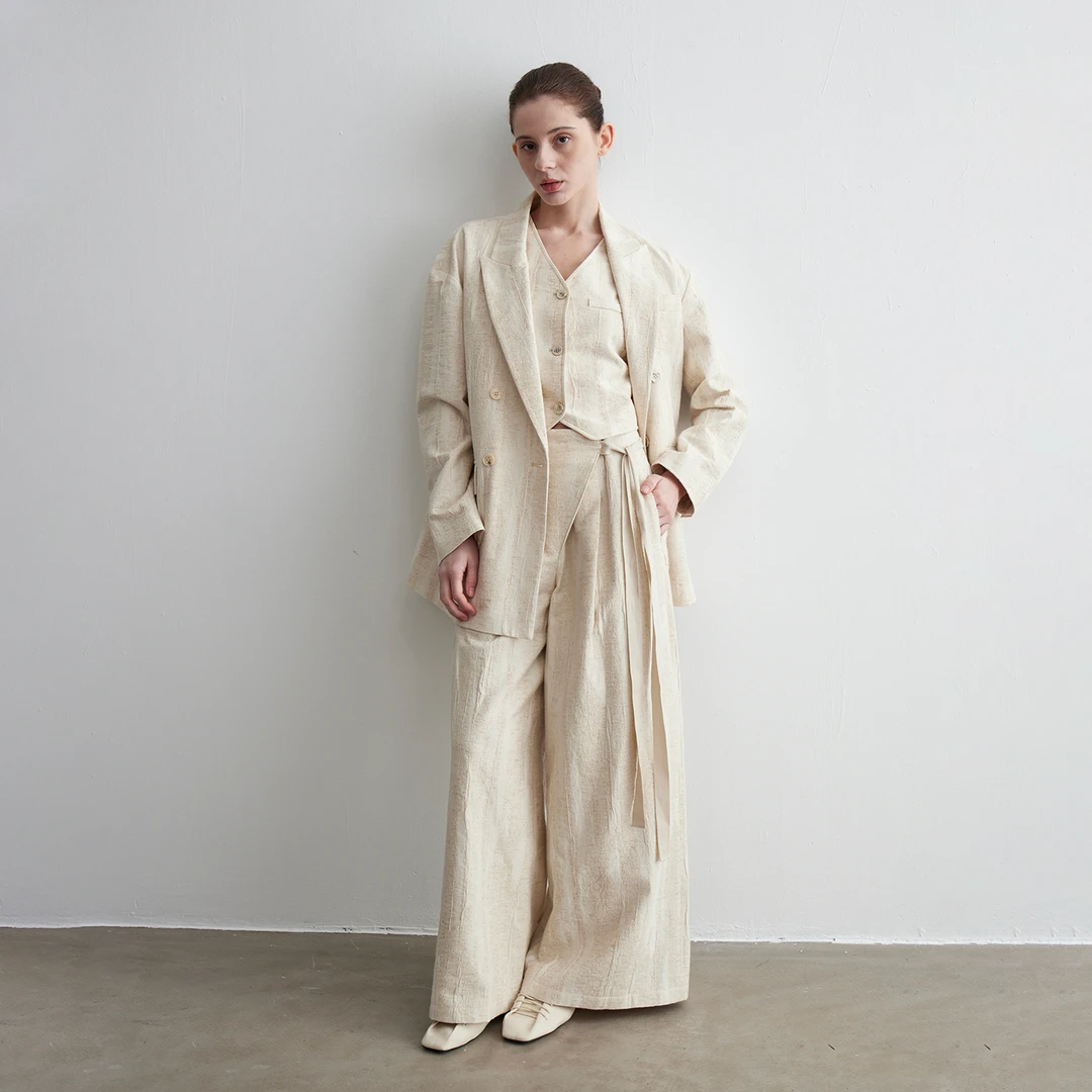 NOEND【胡静怡 同款】重工棉麻肌理感慵懒随性三件套 收腰廓形西装