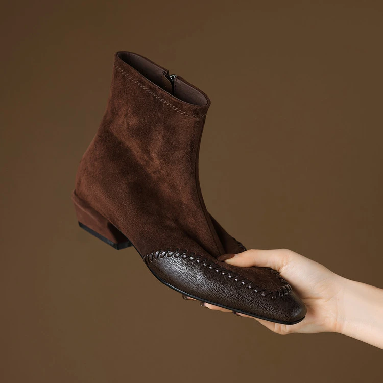 短靴女翻毛皮春夏单靴方头低跟粗跟中跟真皮磨砂皮时尚靴