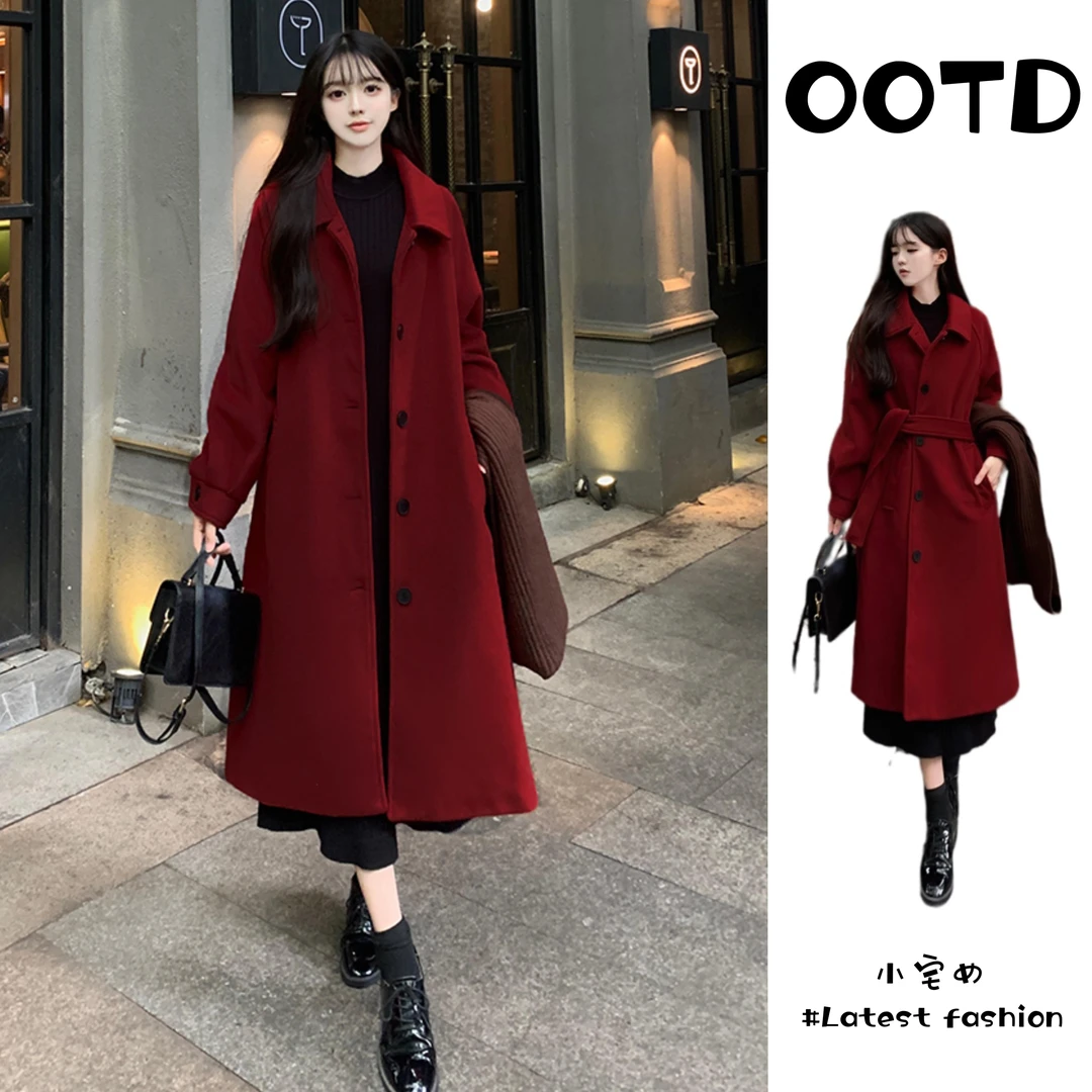大码赫本宽松红色系带毛呢外套女秋冬胖mm中长款复古过膝呢子大衣