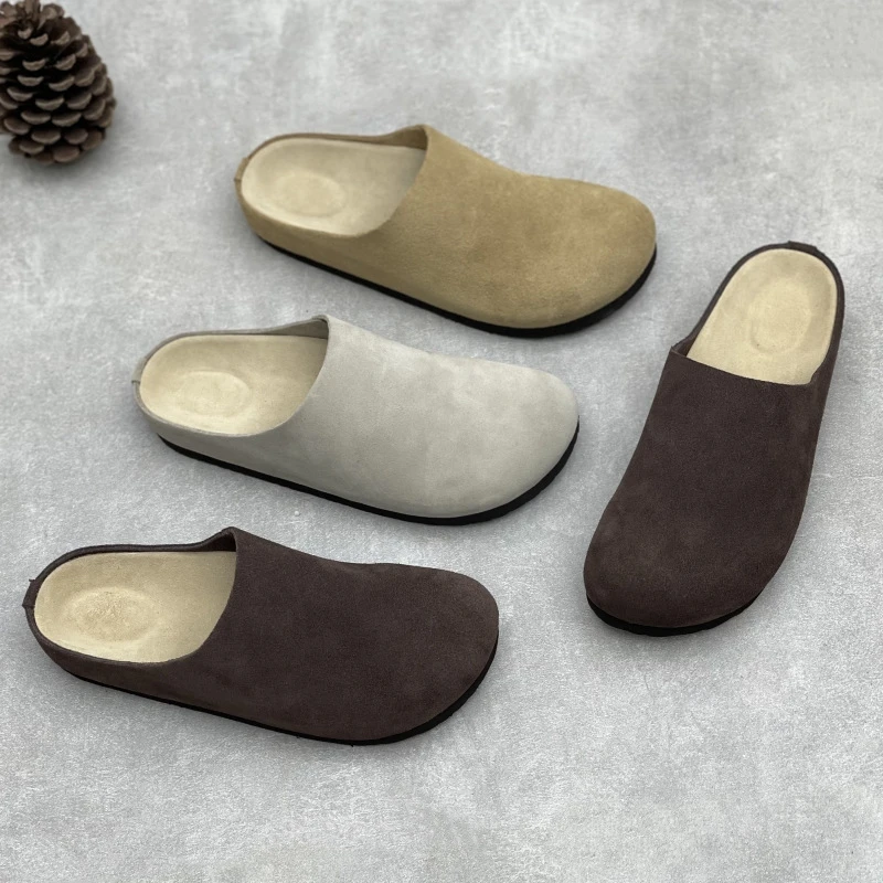 文艺手工真皮简约复古磨砂花绒包头博肯半拖休闲牛皮