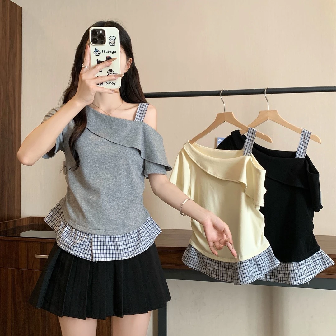 大码女新款斜肩收腰显瘦拼接短袖T恤胖妹妹法式休闲减龄百搭上衣