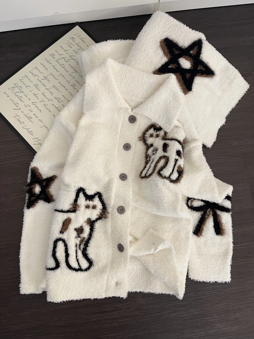 【DMXJ大梦想家】韩系甜美星星小猫半边绒睡衣女冬季针织舒适家居服