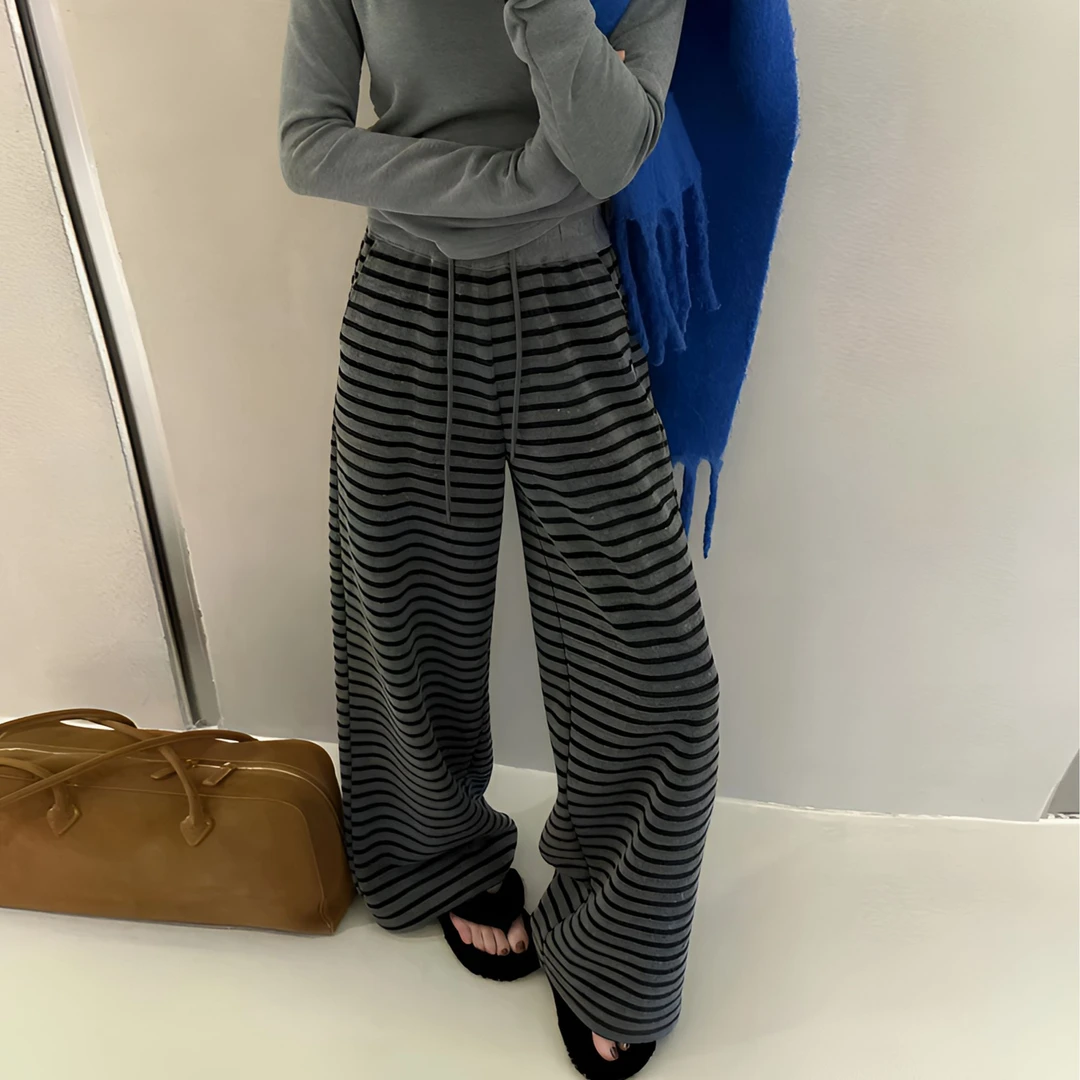 春款条纹阔腿女裤宽松慵懒感休闲垂感高腰长裤
