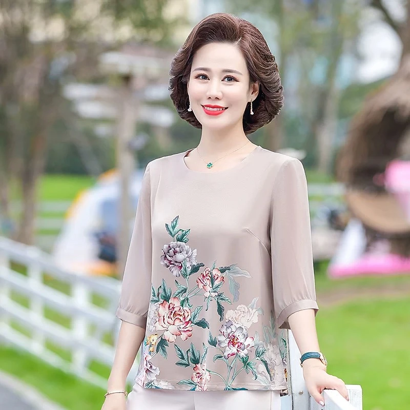 9396-夏装洋气休闲风中老年t恤中老年女装圆领夏季薄款宽松C9-1-3