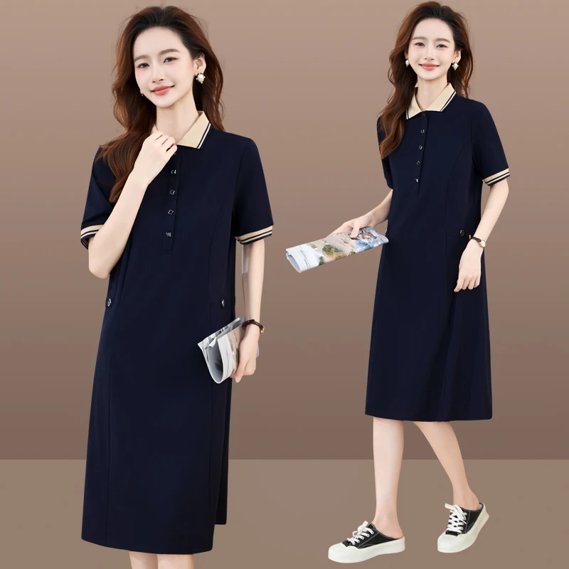 恩狐短袖连衣裙女夏季新款宽松显瘦遮肚子中长款POLO领休闲裙子
