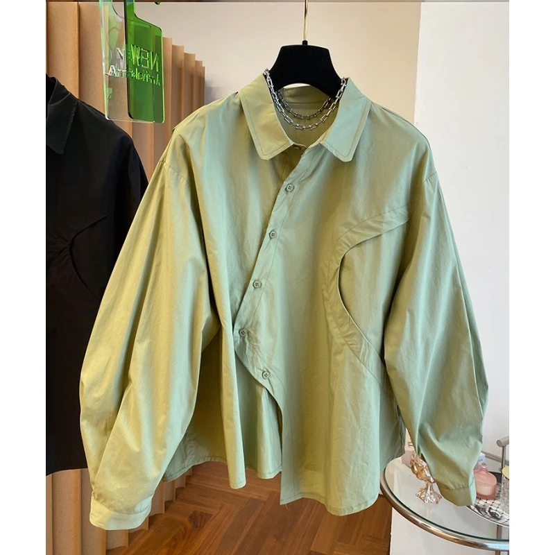 轻熟风设计感小众宽松不规则门襟衬衫女春季别致独特气质绿色上衣