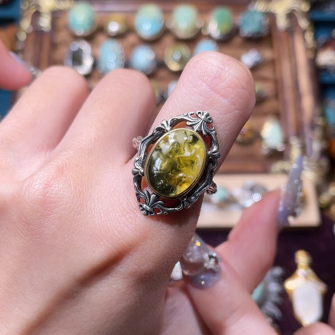 琥珀银S925镶嵌戒指