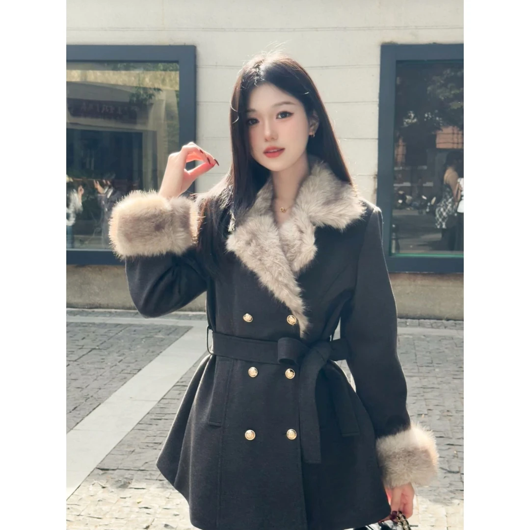 复古千金氛围感系带毛毛翻领双排扣毛呢外套女装2025新款爆款