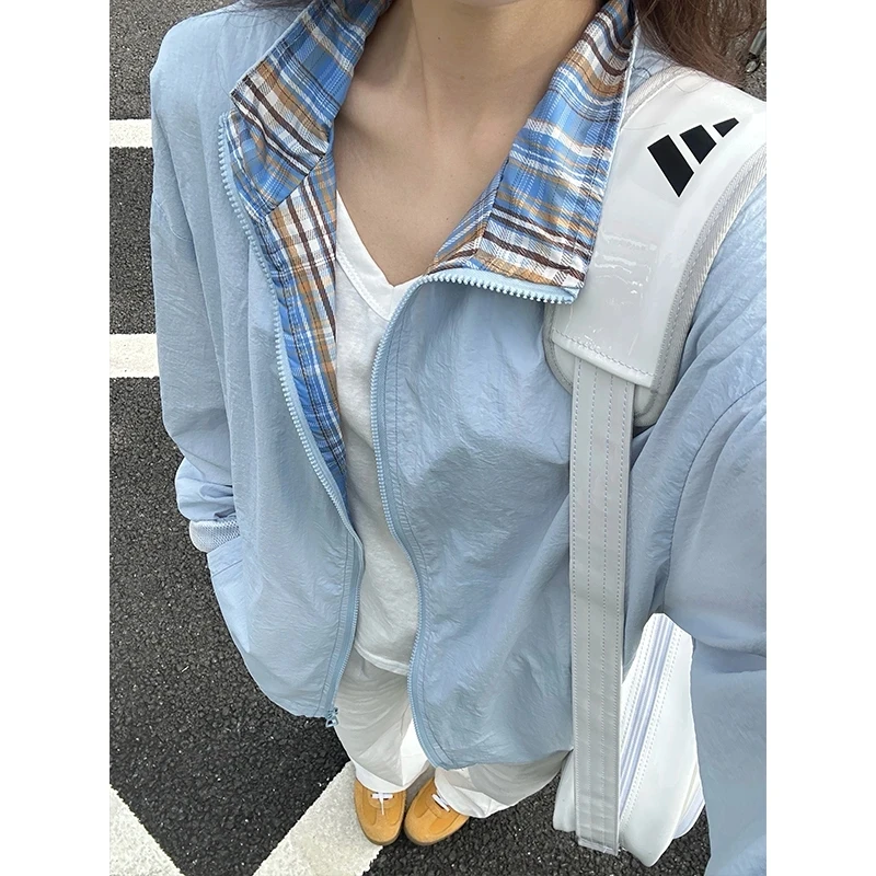 冰川蓝格子拼接防晒衣男款夏季穿搭cleanfit潮牌立领运动夹克外套