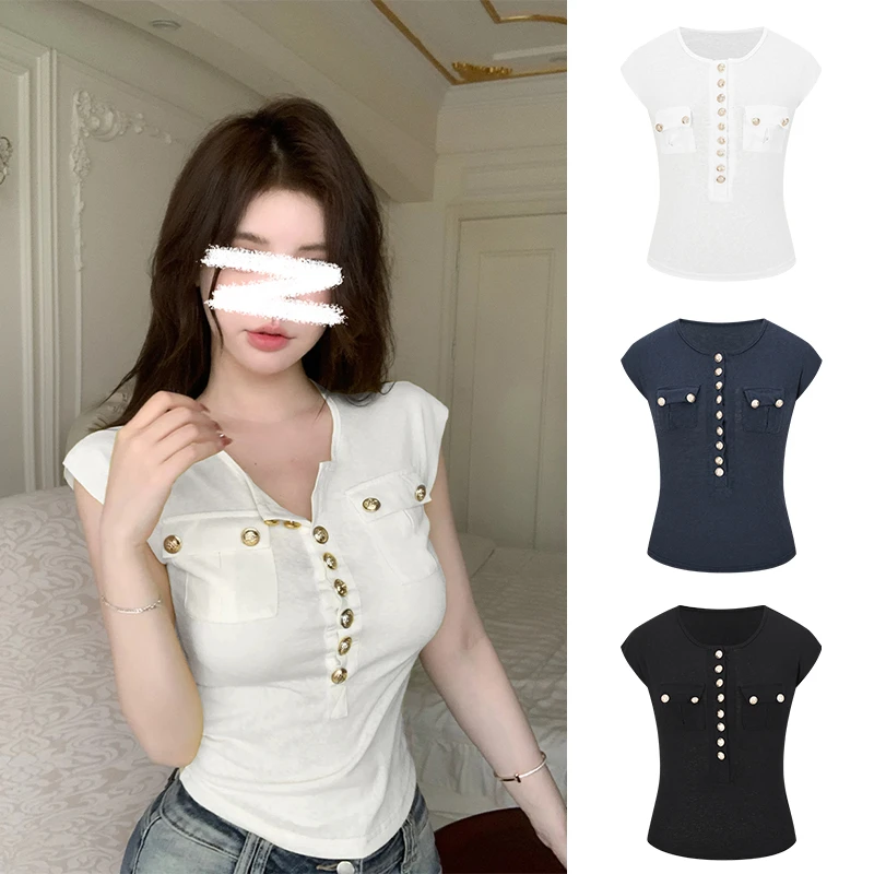 Moses Queen/魔西女王纯欲修身半开领短袖T恤女显瘦气质薄款上衣