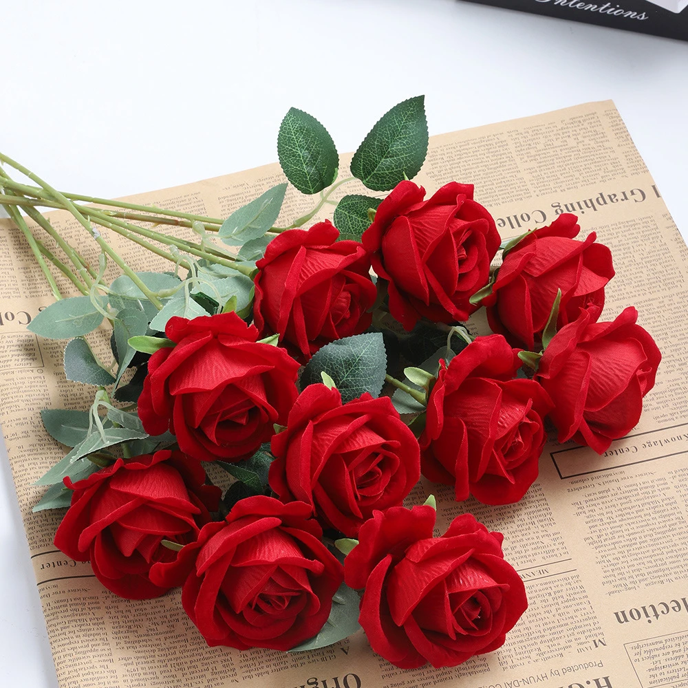 仿真玫瑰花束单支绒布客厅卧室婚庆拍照道具假花干花家居装饰摆件