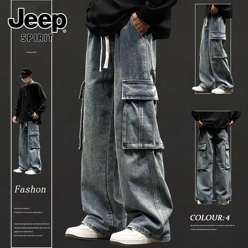 JEEPSPIRIT吉普阔腿男款牛仔裤2025春季新款美式高街复古风长裤子