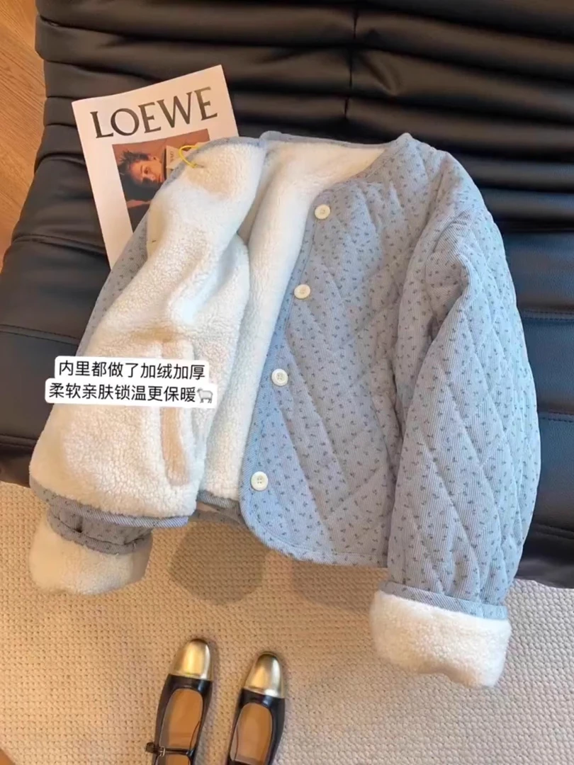 碎花加绒加厚短款保暖棉服棉衣夹棉外套女装冬季洋气小棉袄小个子