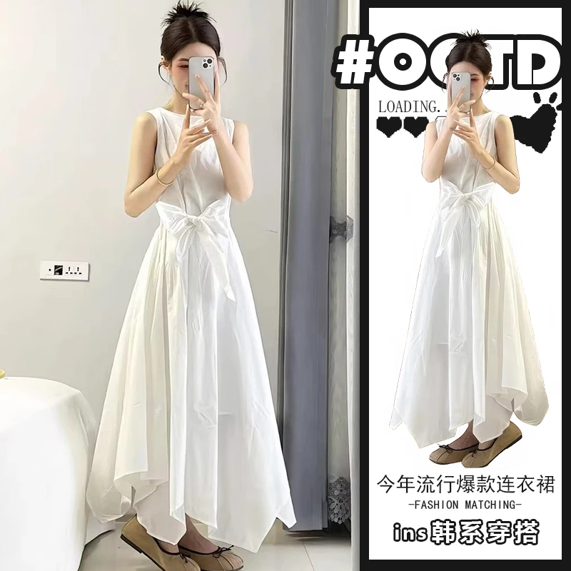 高级感别致蝴蝶结大方得体连衣裙夏季新款设计感不规则无袖长裙潮