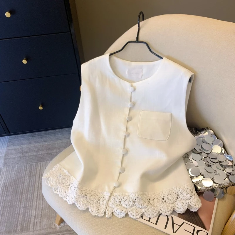 2025春秋圆领无袖韩系气质小马甲外套女蕾丝边设计感文艺麻背心