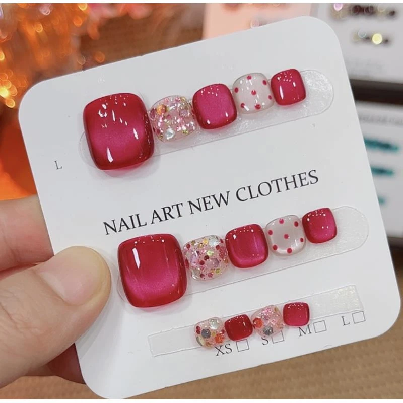 【村上夏至】纯手工穿戴甲脚甲火龙果色系列玫红色穿戴脚甲14片/盒