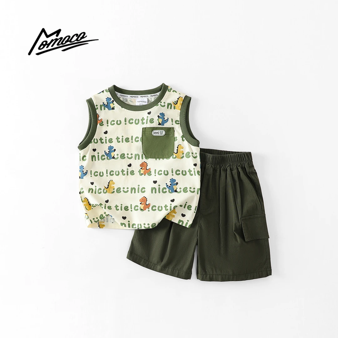 MOMOCO夏季男女童欧诺风时尚休闲满印恐龙无袖两件套77230578386
