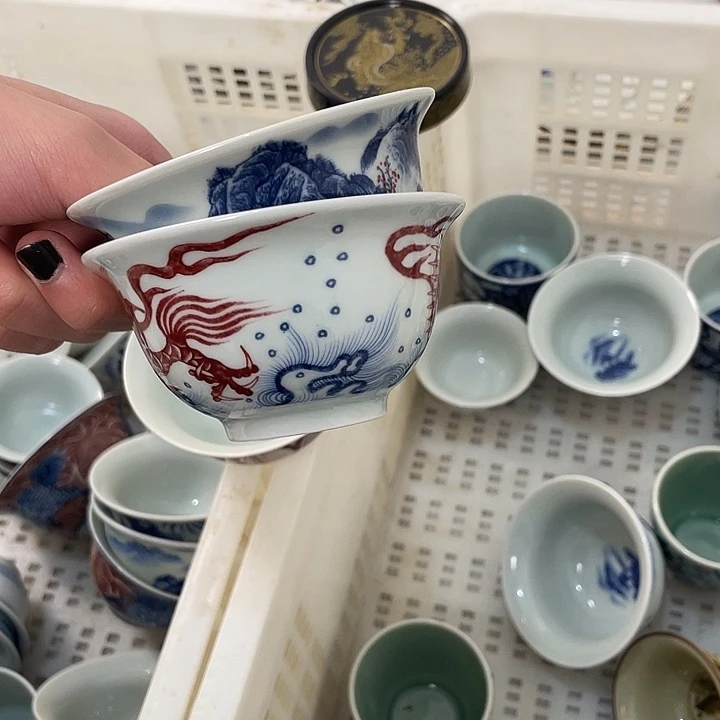 摆件陶景德镇千里江山压手杯加鱼化龙压手杯jj
