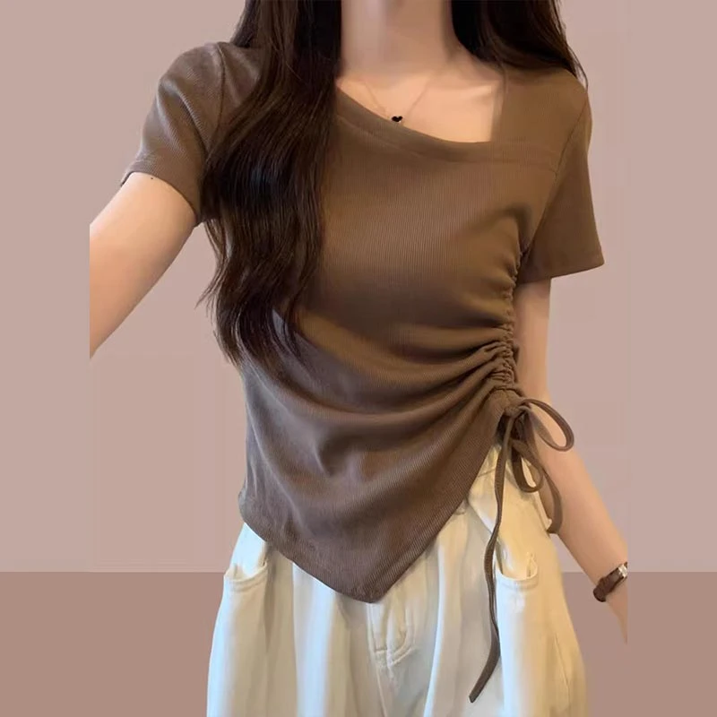 不规则设计感2025年夏新款正肩短袖t恤女小个子修身显瘦百搭上衣