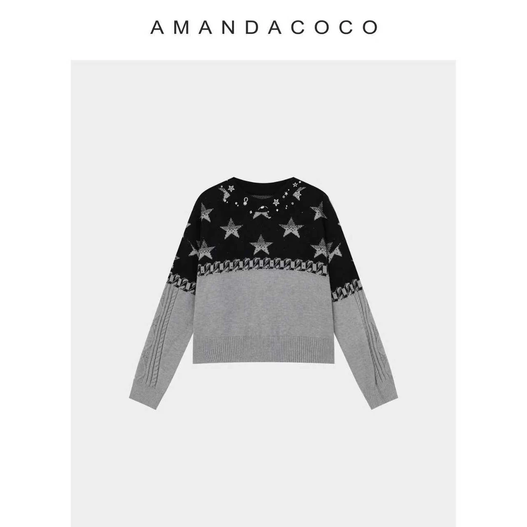 北欧夜曲～25秋冬设计感钉钻拼色星星提花百搭针织上衣