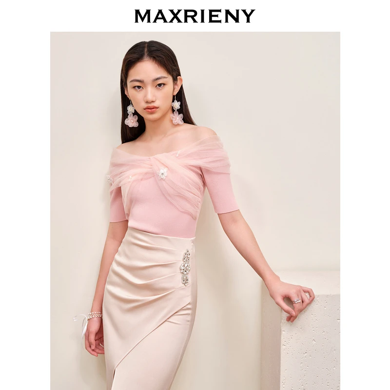 MAXRIENY25夏季新款百搭一字肩网纱气质款针织衫