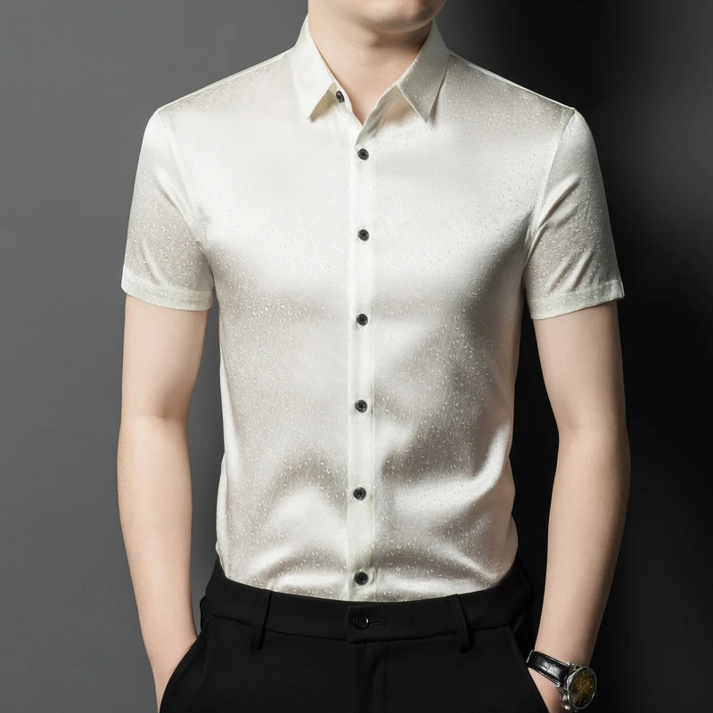 默尼密司桑蚕丝短袖衬衫男夏季薄款半袖真丝衬衣休闲潮流新款上衣