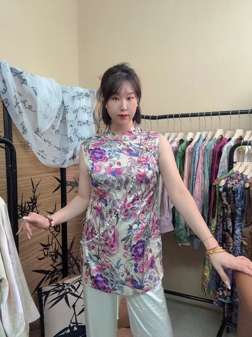 【三月】 紫芸 夏季新款气质百搭新中式国风祥云无袖上衣