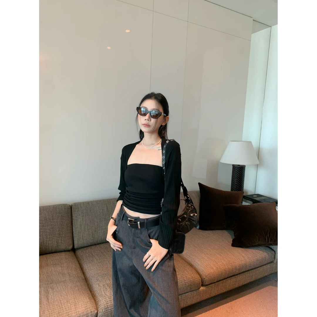 70不是七十【时髦聚焦】初秋韩版气质毛织罩衫+针织抹胸两件套