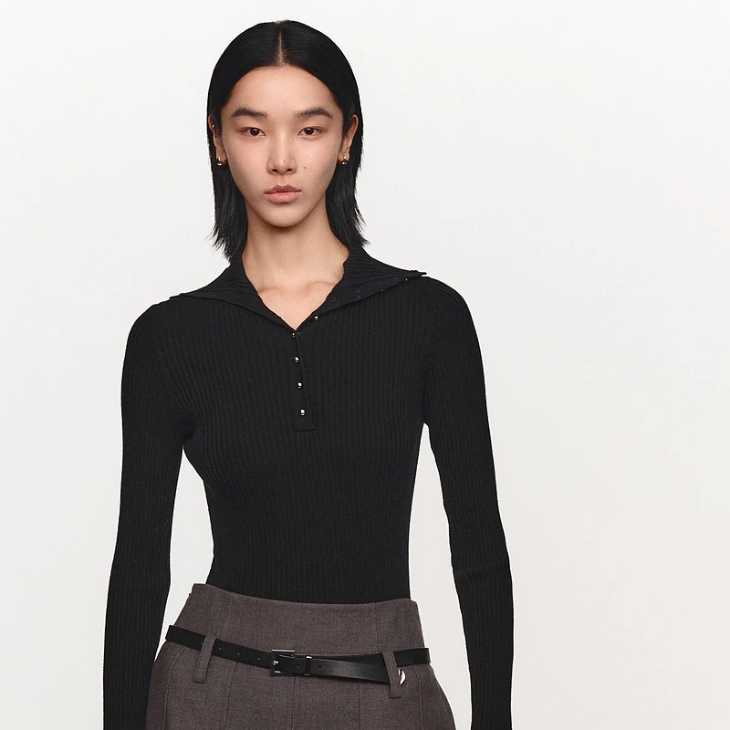 HS绵羊毛POLO领针织衫冬季修身打底高级感上衣女