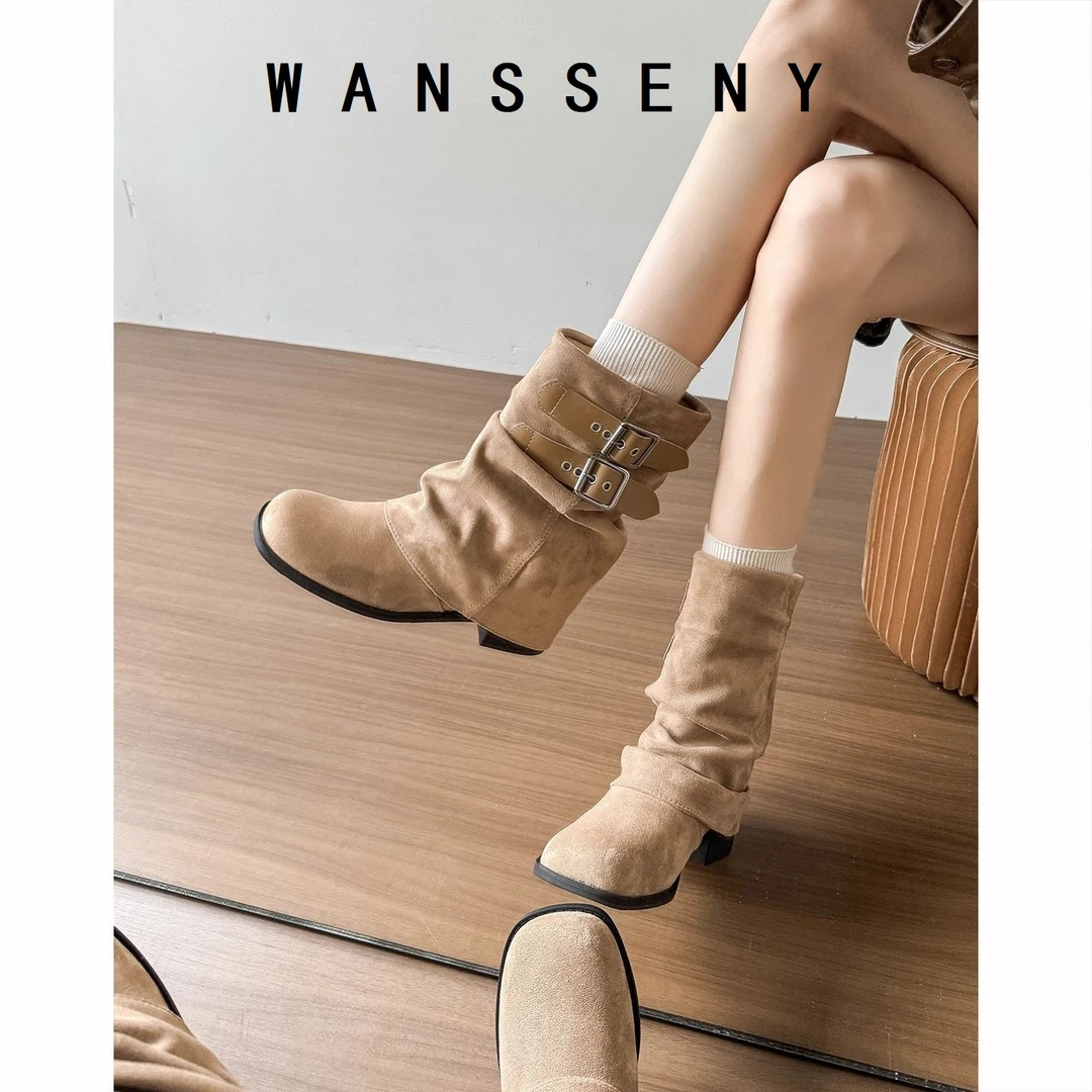 WANSSENY美拉德西部流行短靴女2025新款厚底增高棕色堆堆靴骑士靴