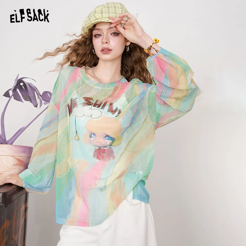 妖精的口袋多巴胺印花网纱长袖t恤女2025夏季新款慵懒风小众罩衫