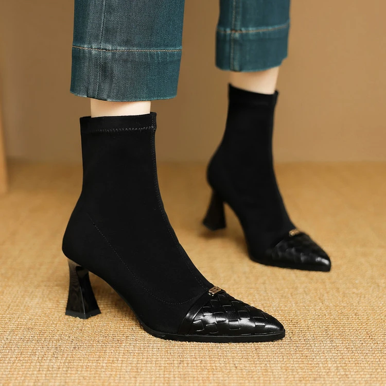 羊皮7.5cm～尖头高跟短靴复古弹力显瘦气质女时装靴细跟瘦瘦靴短筒