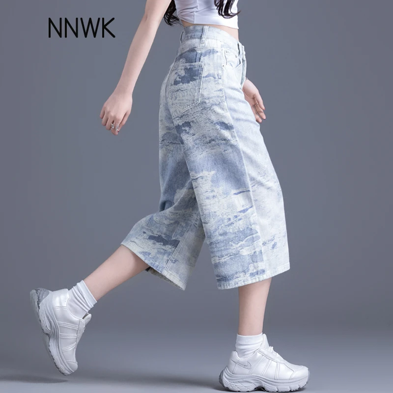 宽松复古七分裤女士扎染牛仔短裤女夏薄款过膝中裤阔腿休闲裤夏裤