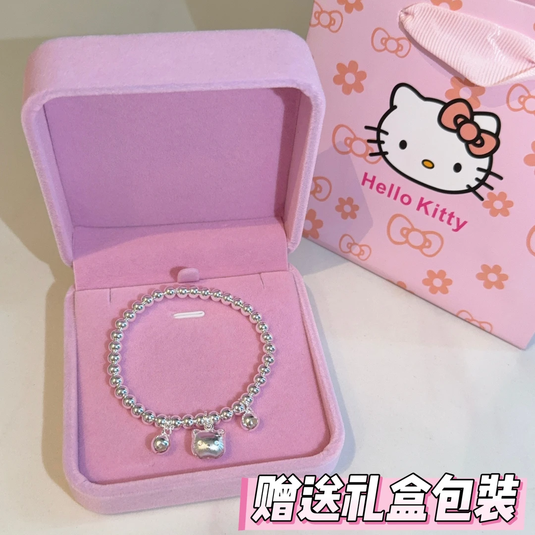 足银皮质手链 实心银珠kitty猫铃铛银手链女纯银年轻款小众甜美生