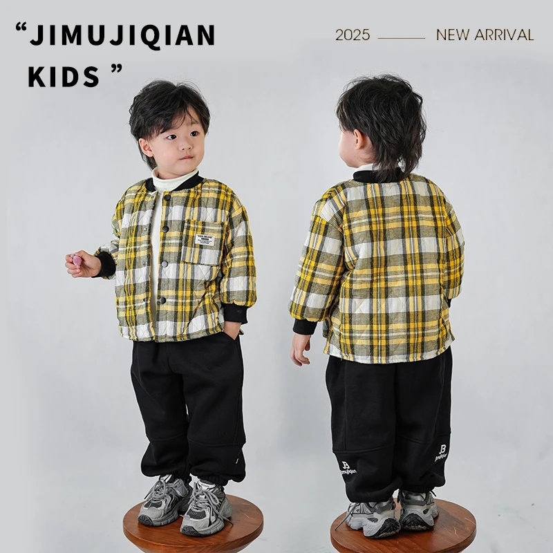 【JMJQ 20822】秋冬季儿童休闲保暖加厚加绒绗棉御寒立领格子外套