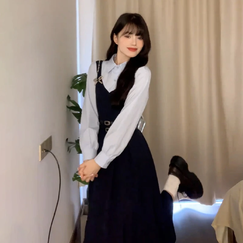 韩系假两件长袖衬衫连衣裙子套装女初春高级感学院风内搭背带长裙